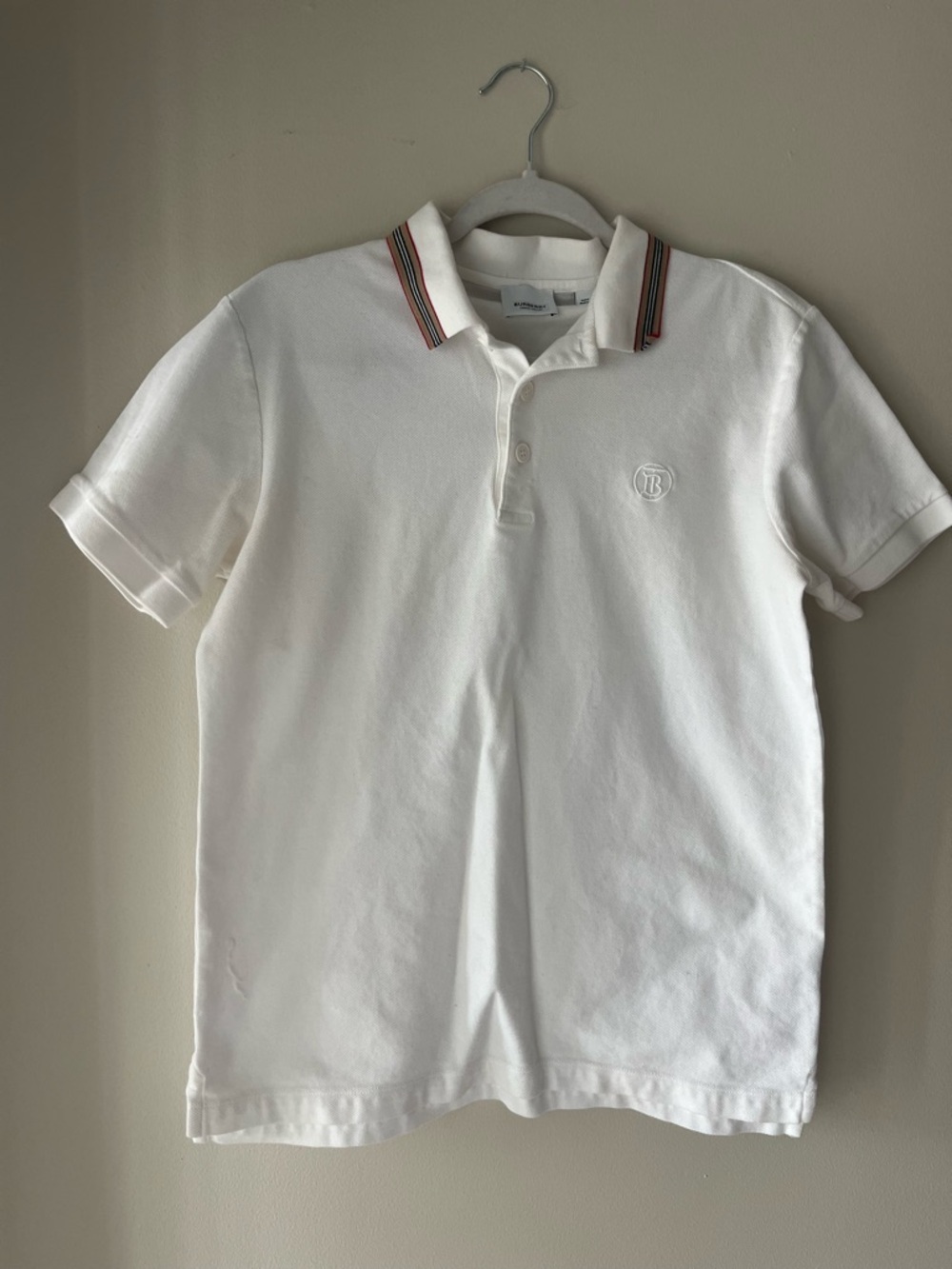 Burberry White Polo with Striped Contrast Collar